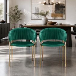 Set of 2 Green Velvet Dining Chairs with Sturdy Metal Frame