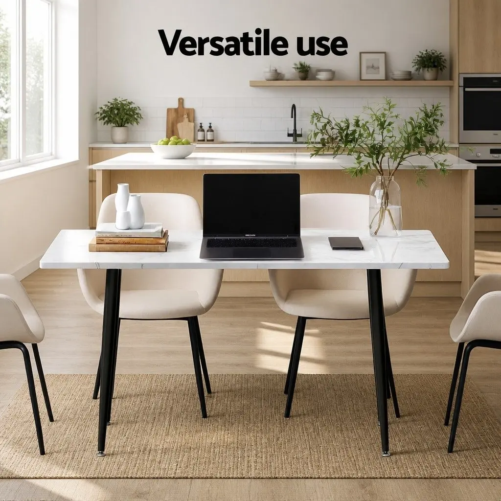 Dining Table 1.5M Marble Effect White Grey Sturdy Metal Legs Seats 4-6 People