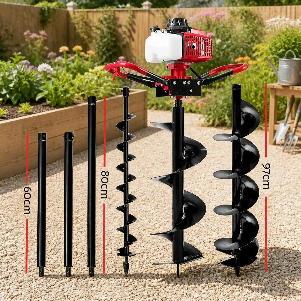Post Hole Digger 63cc Petrol Engine 2-Stroke Auger with Extension Kit for Outdoor Digging