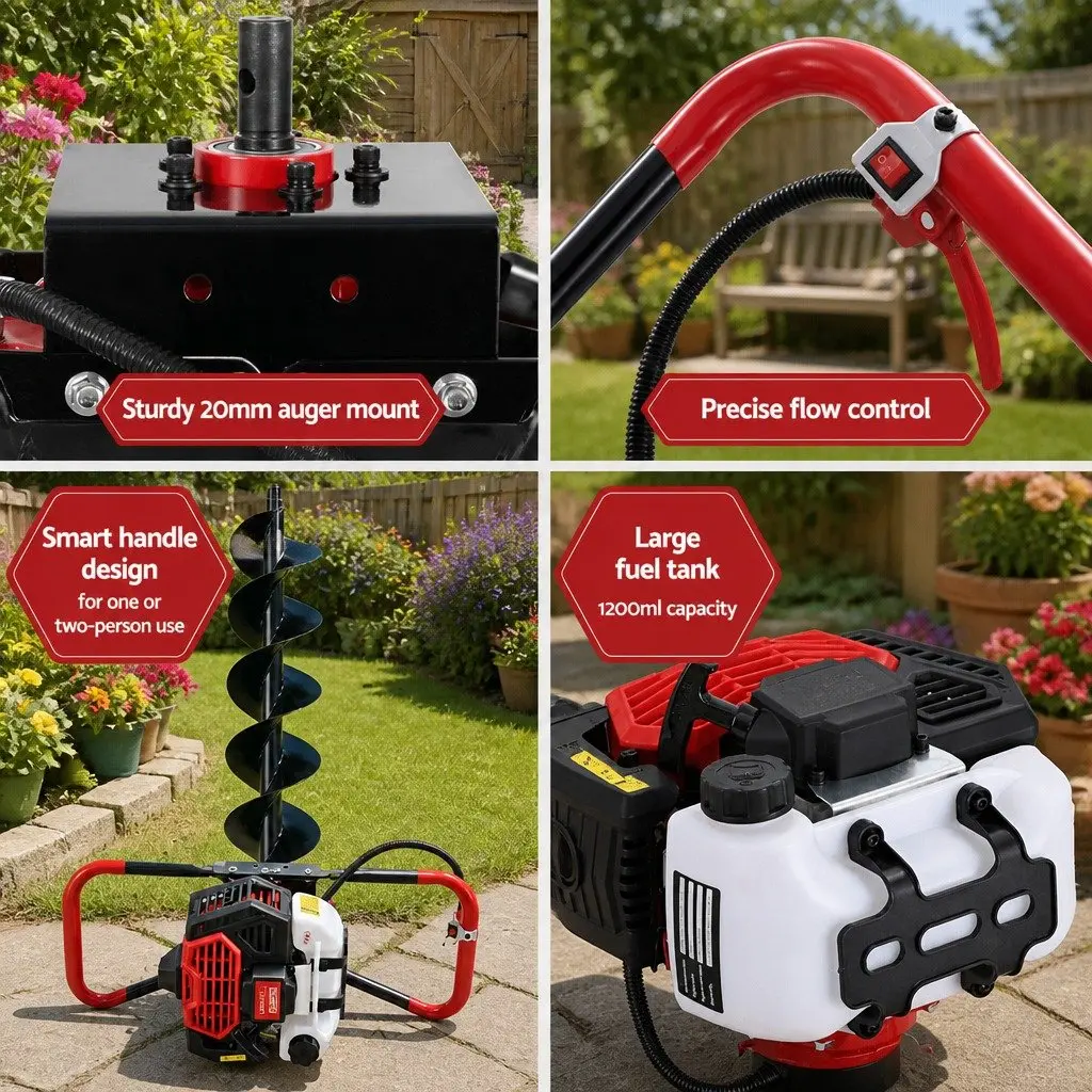 Post Hole Digger 300mm Heavy Duty Steel Auger with 65cc Engine and Anti-Vibration Handle