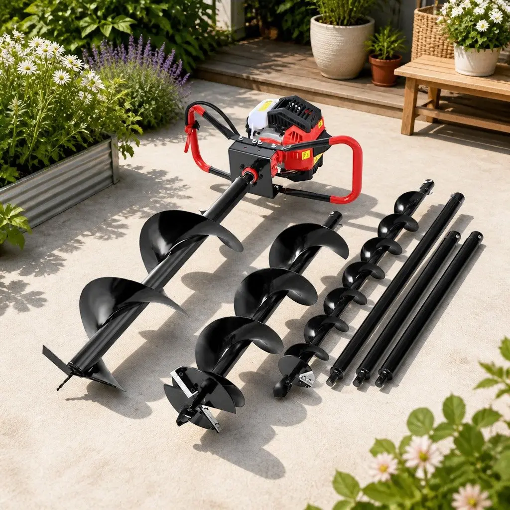 Post Hole Digger 65cc Petrol Engine Auger Drill Kit with Vertical Gearbox Anti-Vibration Handle and Multiple Auger Bits and Extensions
