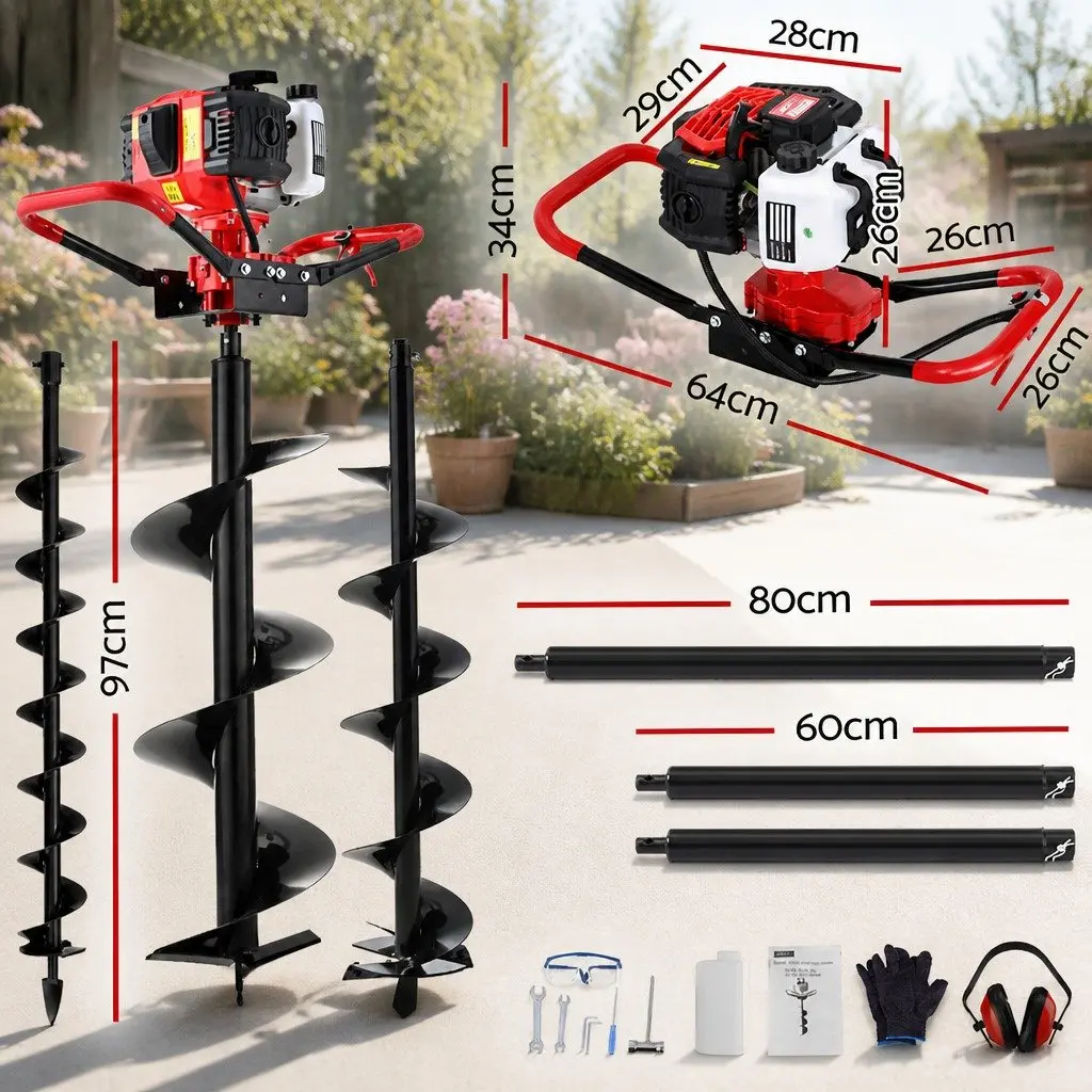 Post Hole Digger 65cc Petrol Engine Auger Drill Kit with Vertical Gearbox Anti-Vibration Handle and Multiple Auger Bits and Extensions