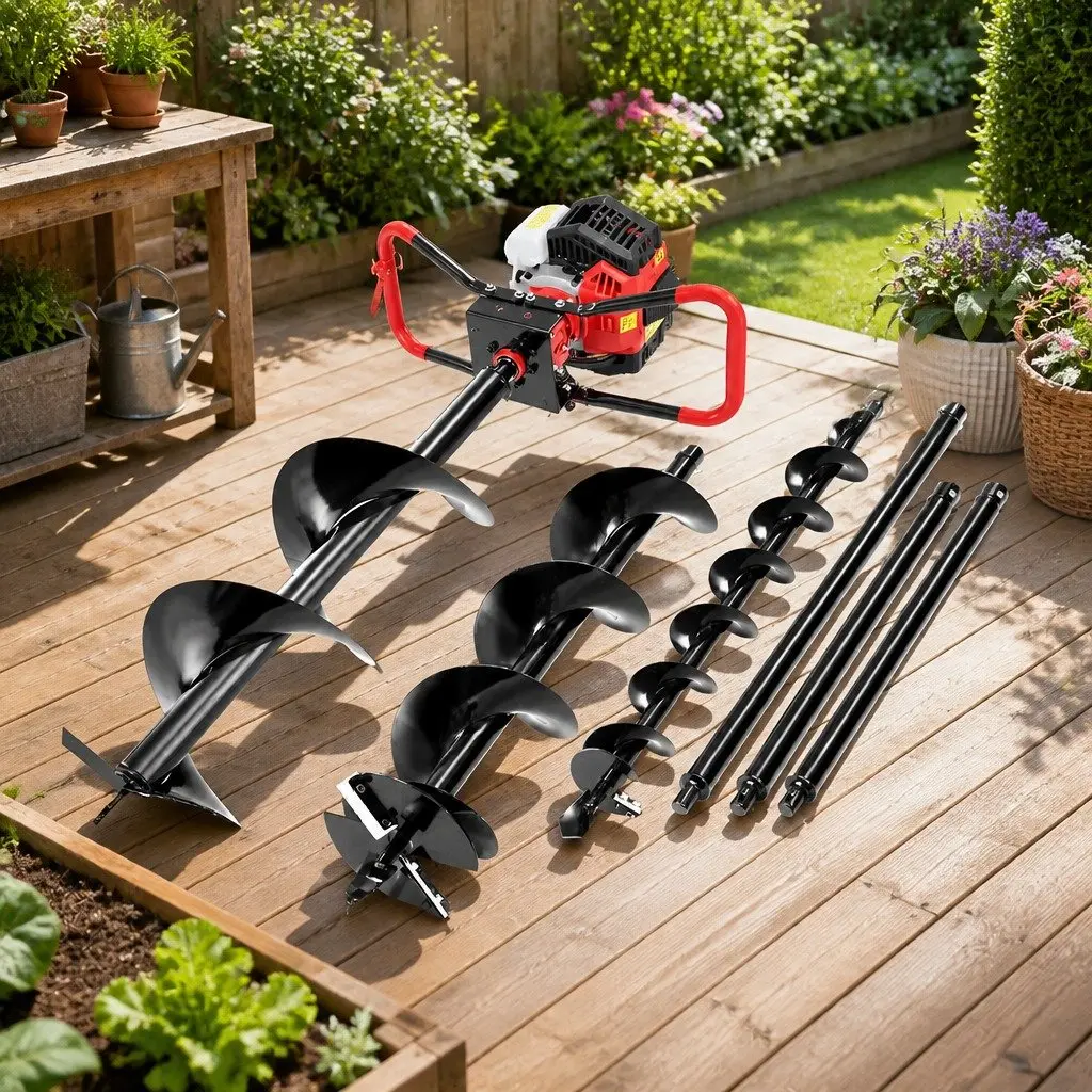 Post Hole Digger 65cc Petrol Engine Auger Drill Kit with Vertical Gearbox Anti-Vibration Handle and Multiple Auger Bits and Extensions