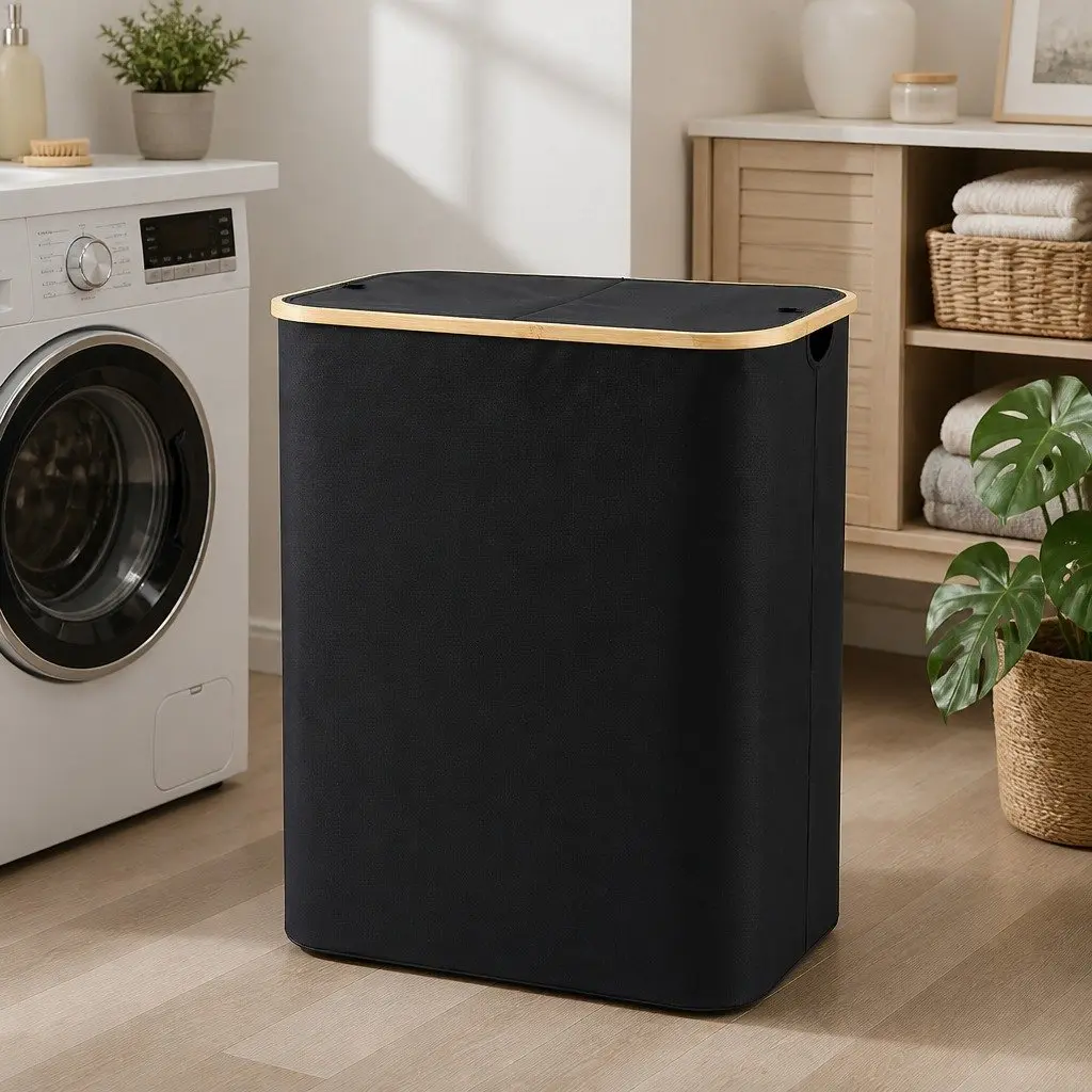 2 Section Laundry Basket with Removable Mesh Bags Foldable Storage Organiser