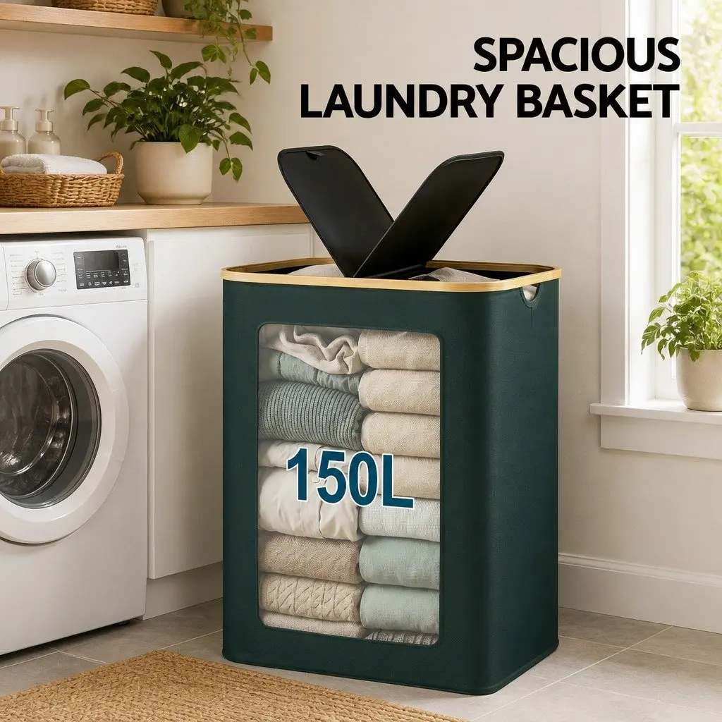 2 Section Laundry Basket with Removable Mesh Bags Foldable Storage Organiser