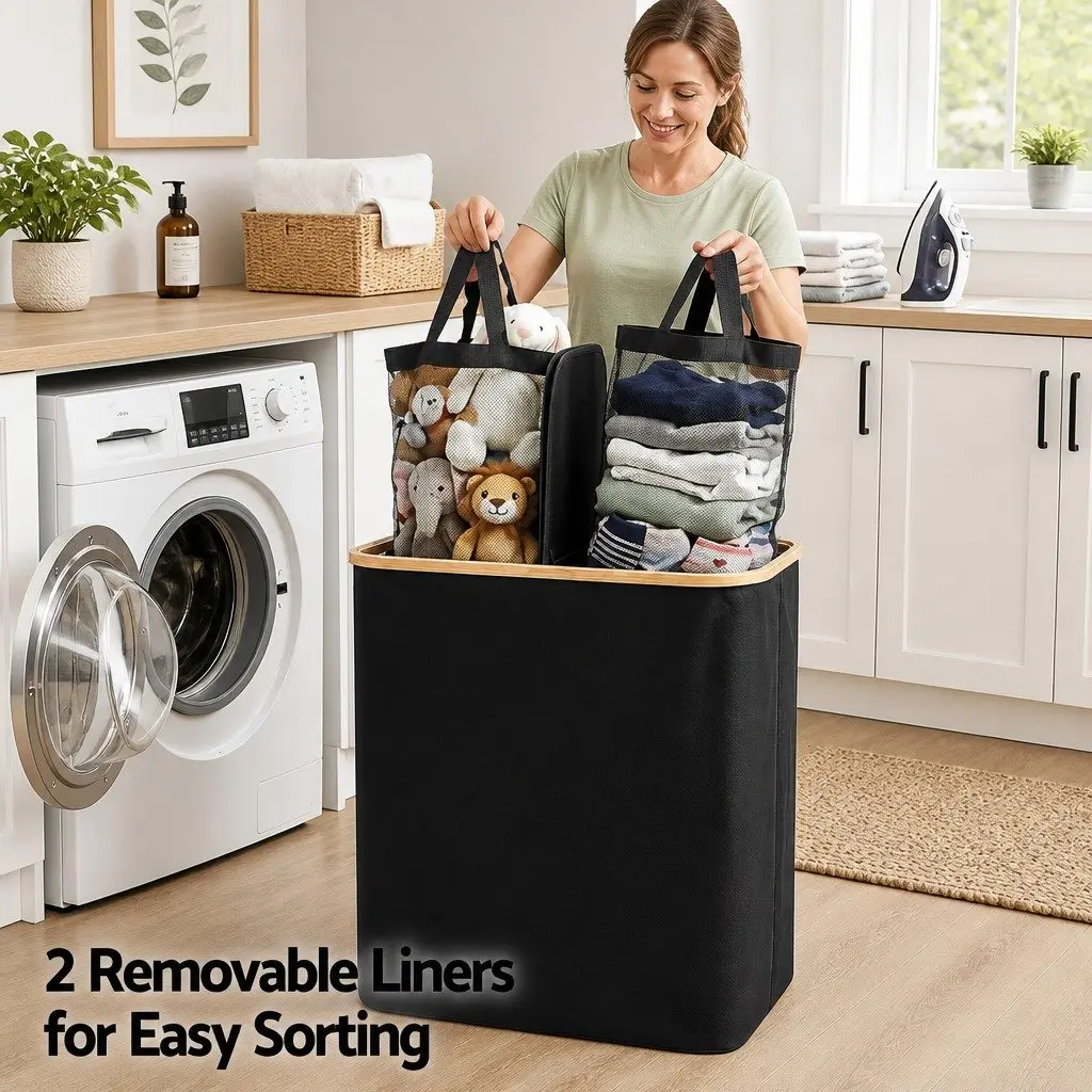 2 Section Laundry Basket with Removable Mesh Bags Foldable Storage Organiser