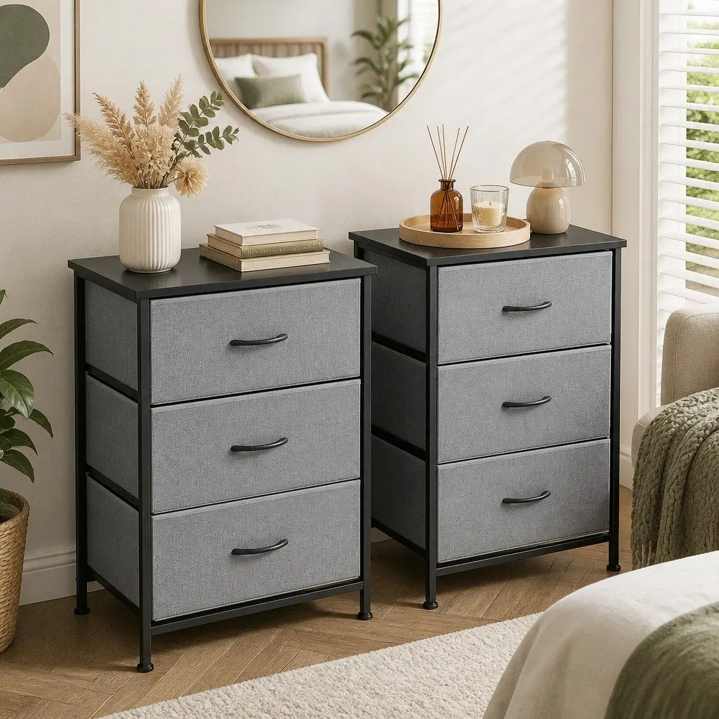 Storage Dresser Set of 2 Tallboy Black 3 Drawer Bedroom MDF Metal Frame