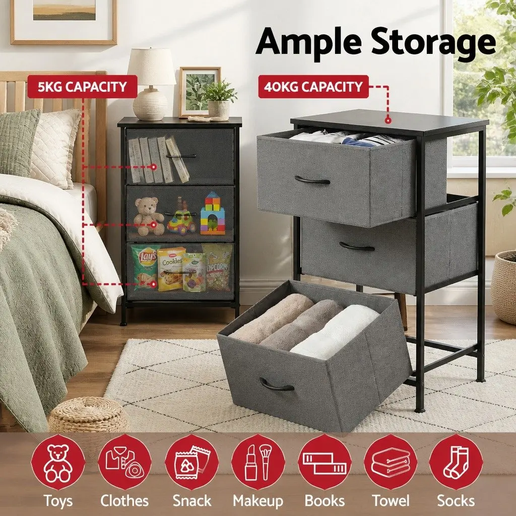 Storage Dresser Set of 2 Tallboy Black 3 Drawer Bedroom MDF Metal Frame