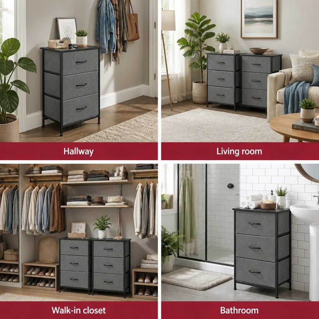 Storage Dresser Set of 2 Tallboy Black 3 Drawer Bedroom MDF Metal Frame