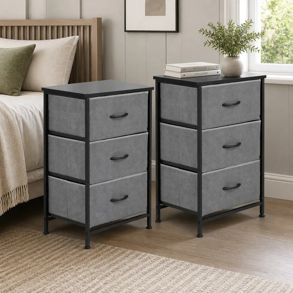 Storage Dresser Set of 2 Tallboy Black 3 Drawer Bedroom MDF Metal Frame