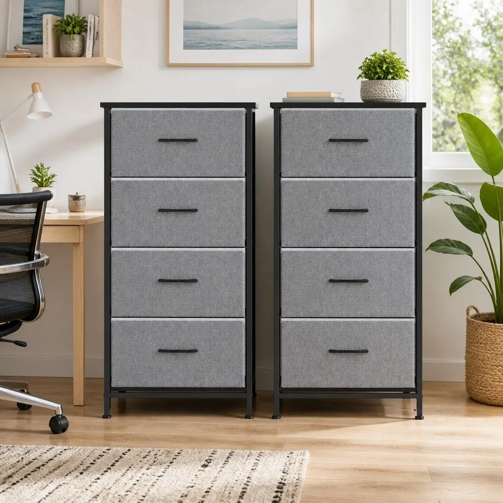 Chest of 4 Drawers Storage Dresser Tallboy Grey Metal Frame Non-Woven Fabric Lining 2 Piece