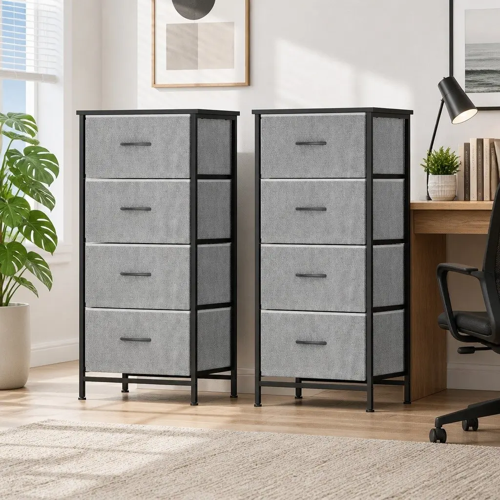Chest of 4 Drawers Storage Dresser Tallboy Grey Metal Frame Non-Woven Fabric Lining 2 Piece