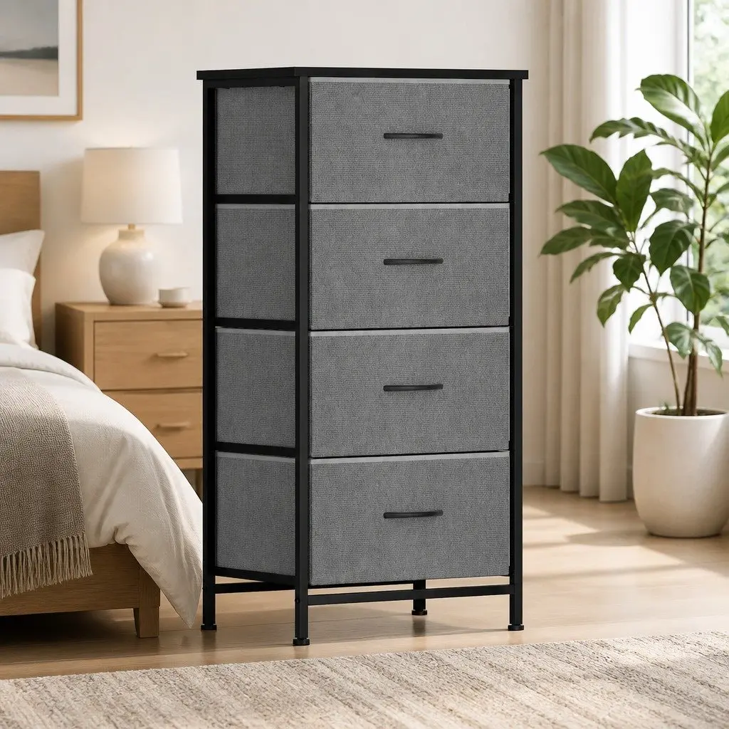 Chest of 4 Drawers Storage Dresser Tallboy Grey Black Compact Organiser for Bedroom