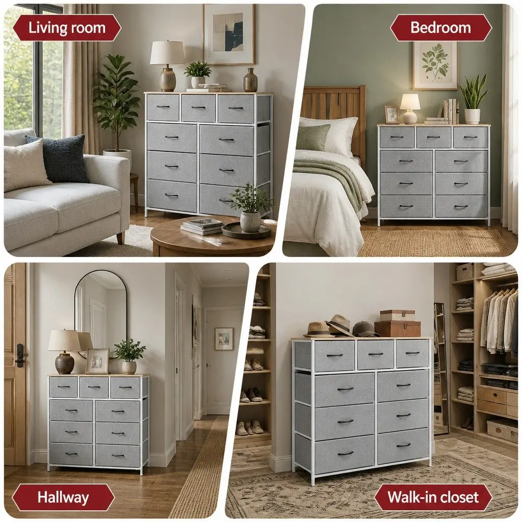 Chest of Drawers 9 Drawer Dresser Tallboy Storage Cabinet Bedroom Light Grey