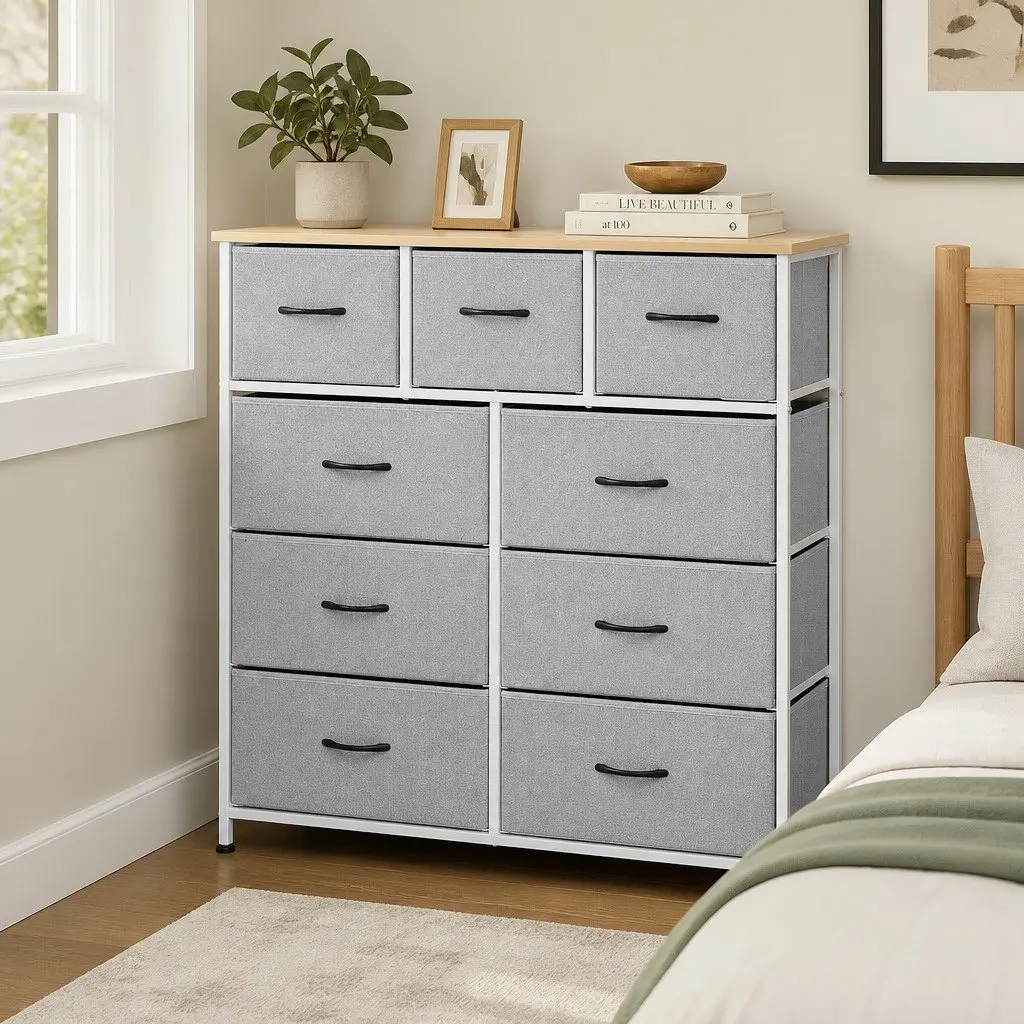 Chest of Drawers 9 Drawer Dresser Tallboy Storage Cabinet Bedroom Light Grey
