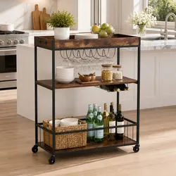 Mobile Kitchen Island Rolling Serving Cart Three-Tier Storage Trolley Walnut