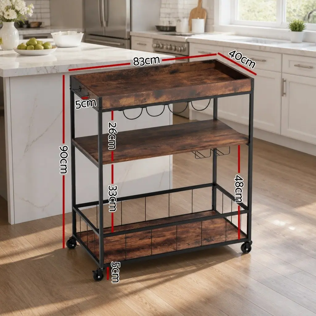 Three-Tier Walnut Storage Trolley Mobile Kitchen Island with Metal Frame and Lockable Wheels for Kitchen Dining and Living Spaces