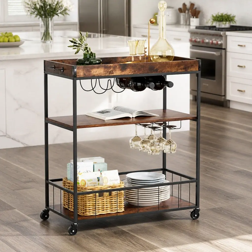 Three-Tier Walnut Storage Trolley Mobile Kitchen Island with Metal Frame and Lockable Wheels for Kitchen Dining and Living Spaces