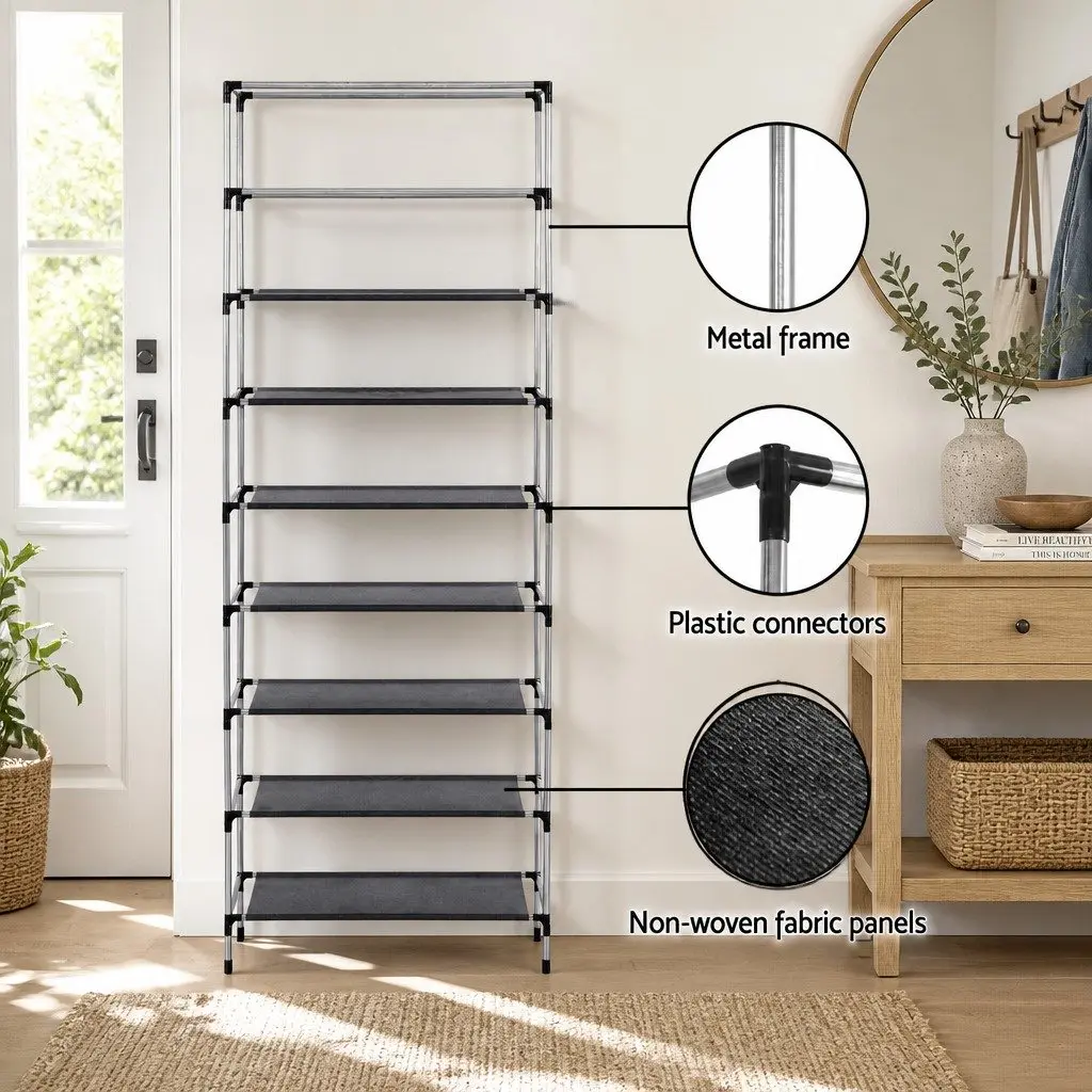 10 Tier Shoe Rack Cabinet with Removable Non-Woven Fabric Cover Black Storage