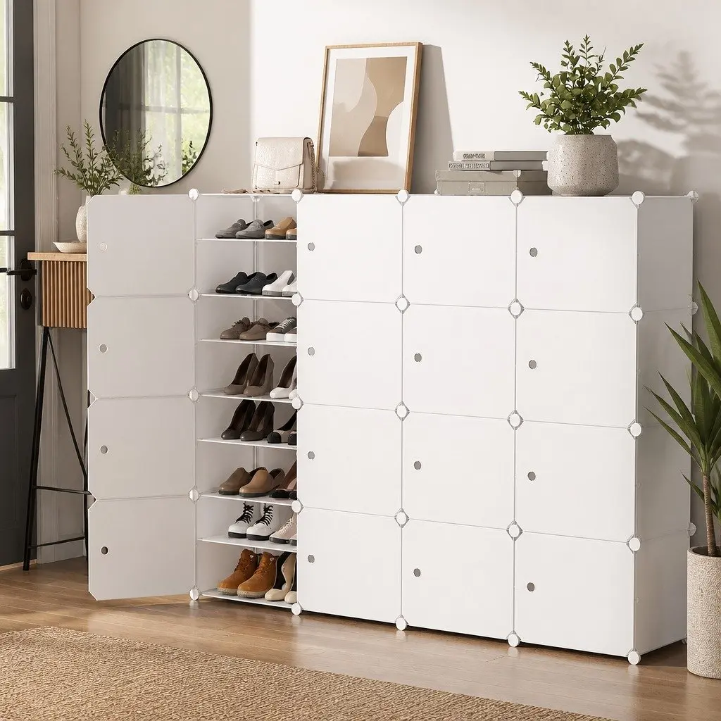 Shoe Rack DIY 16 Storage Cube Stackable Organiser White Cabinet