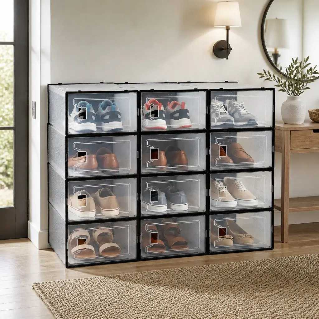 Shoe Storage Box Set of 12 Stackable Transparent with Ventilated Back Flap