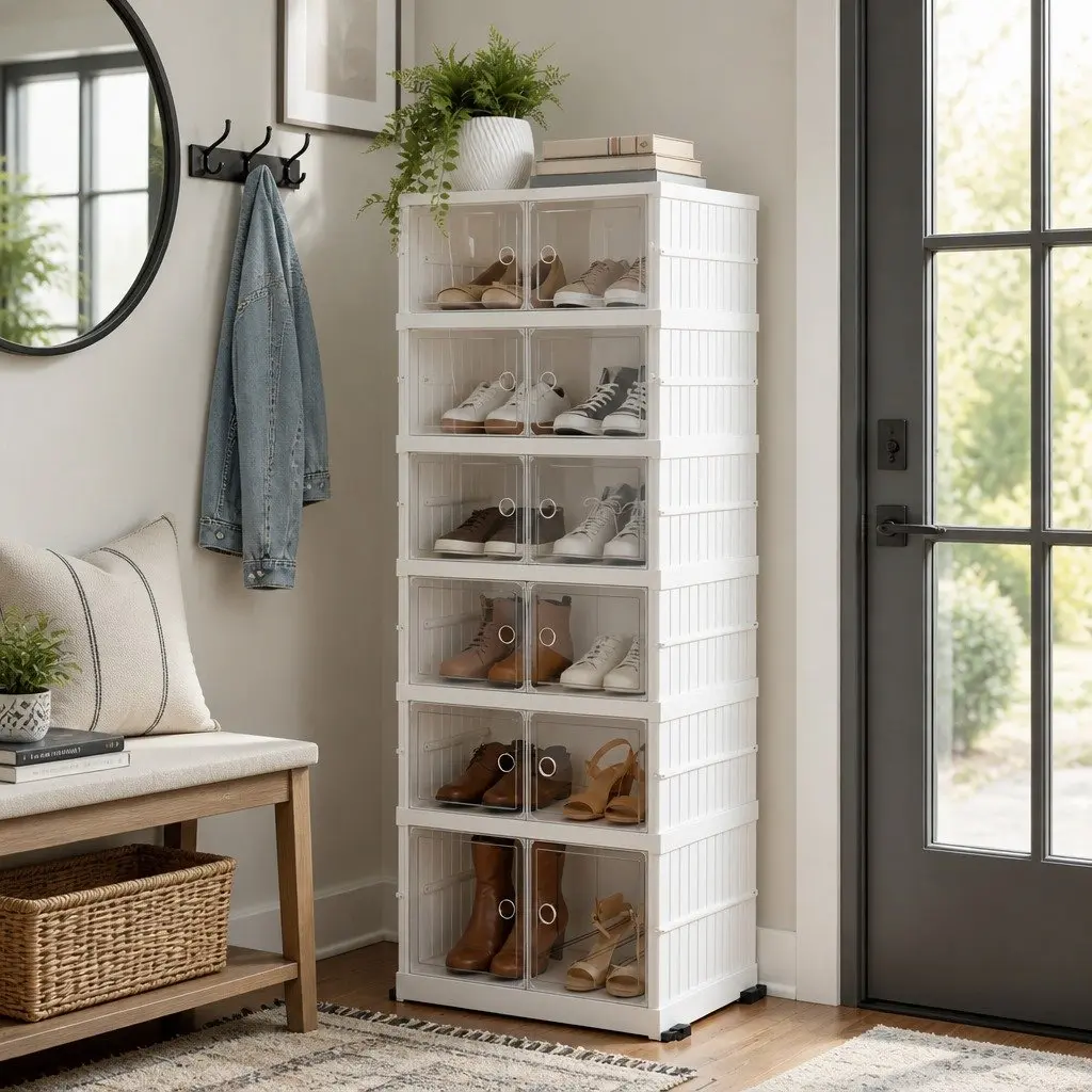 Foldable Shoe Storage Box 6 Tier 12 Pairs White Organiser with See-Through Magnetic Doors and Bottom Wheels for Easy Mobility
