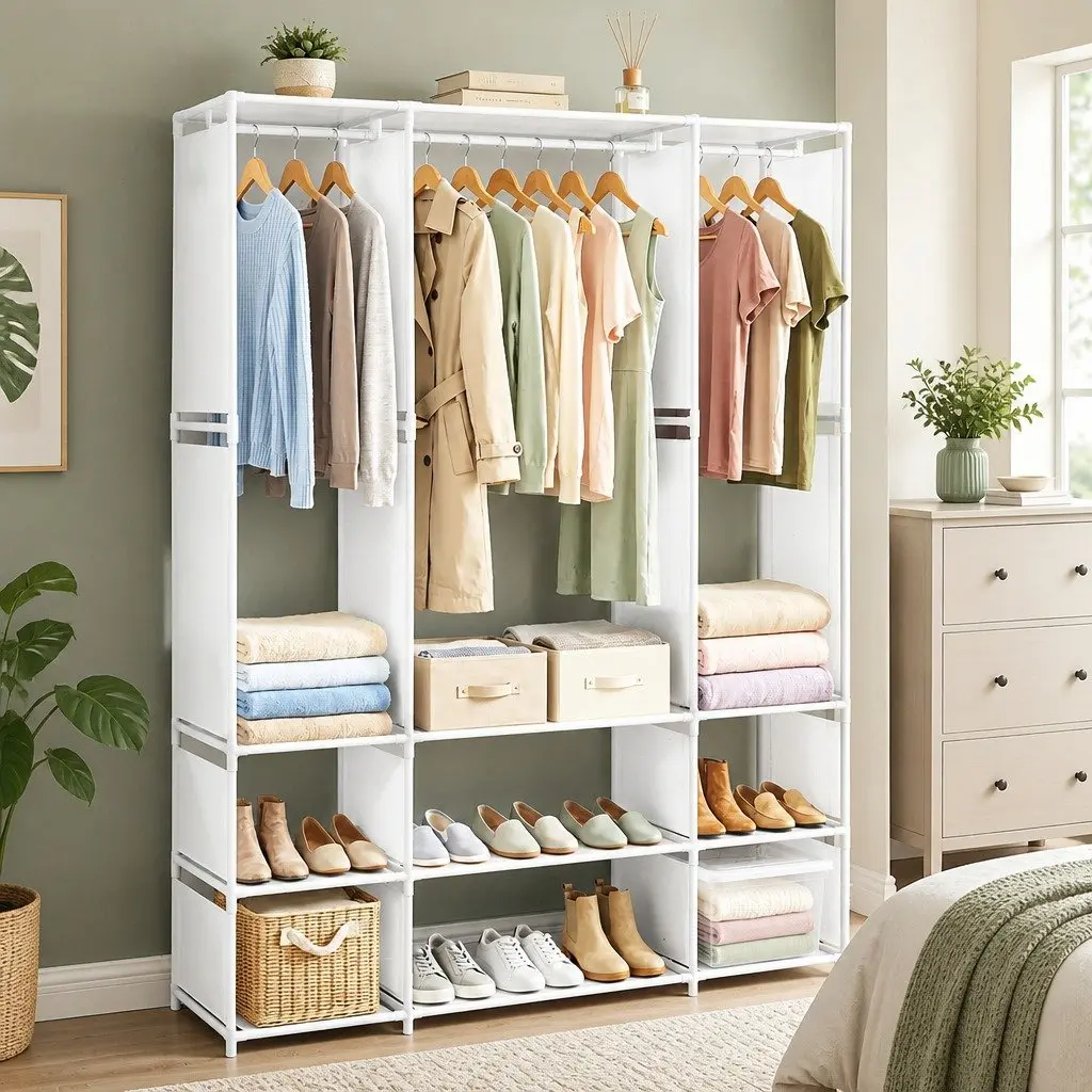 Large Portable Clothes Wardrobe 3 Hanging Rods 9 Storage Shelves White