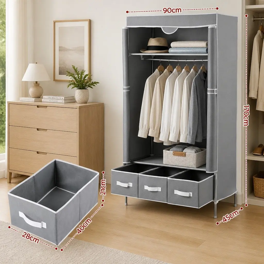 Large Grey Portable Wardrobe Storage Organizer with Multiple Drawers and Hanging Rod 90x45x170cm