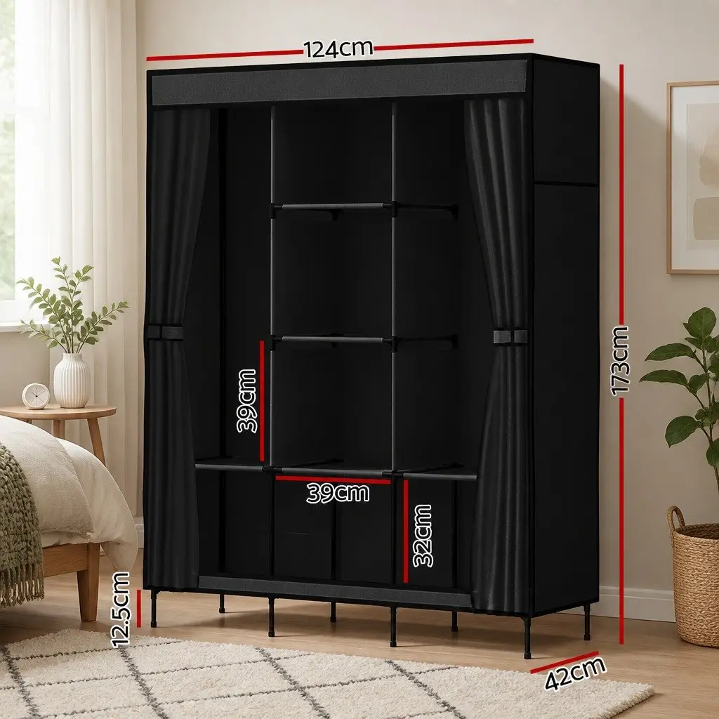 Portable Clothes Organizer Wardrobe Black 124x42x173cm Sturdy Fabric with Zipper Shelves and Hanging Rods