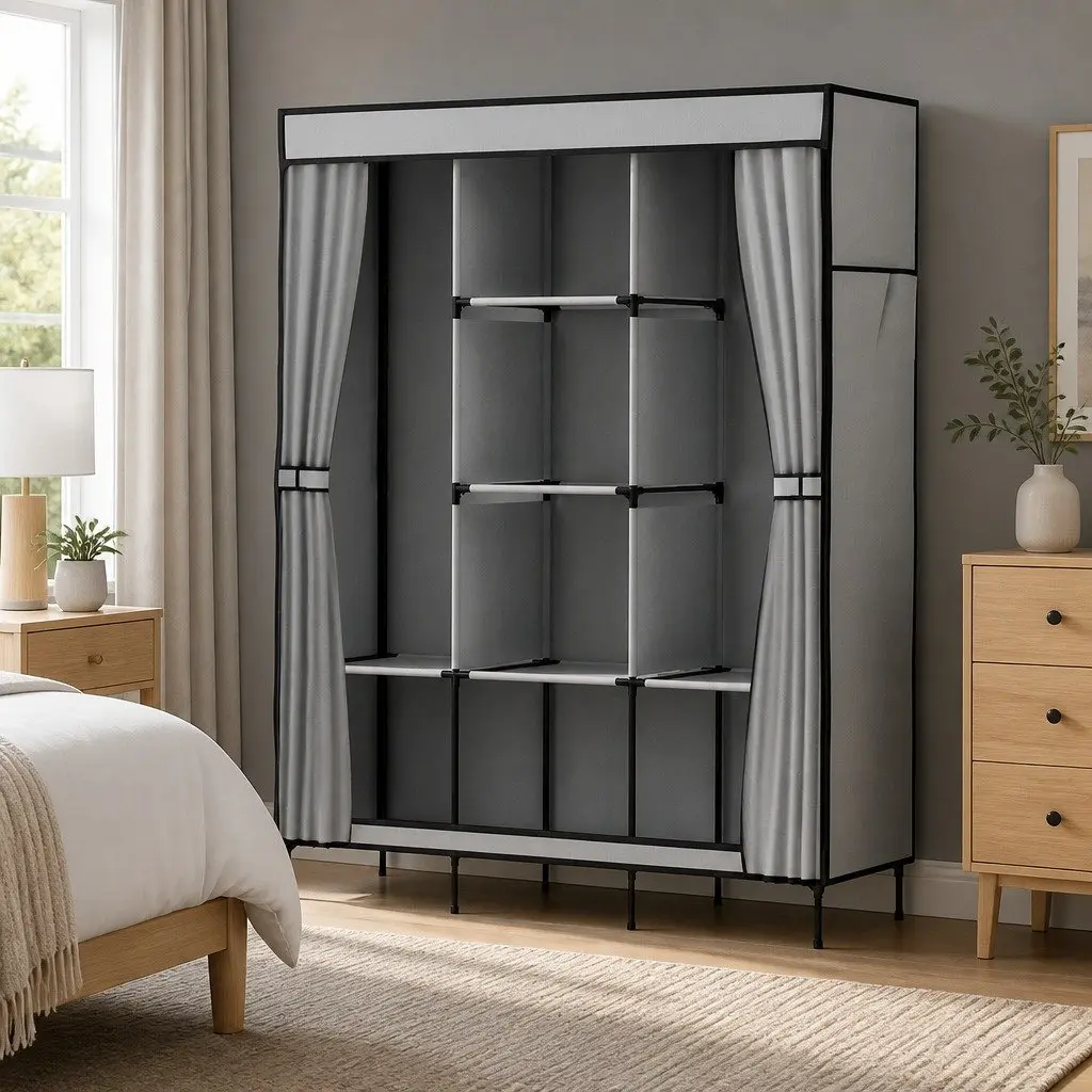 Large Portable Wardrobe Closet Grey Sturdy Metal Frame Four Hanging Rods Adjustable Panels