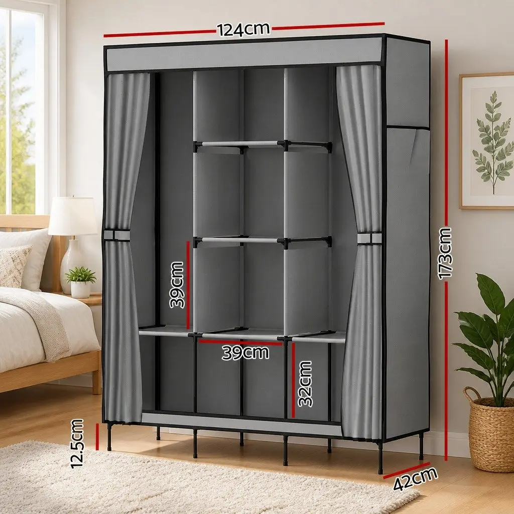 Large Portable Wardrobe Closet Grey Sturdy Metal Frame Four Hanging Rods Adjustable Panels