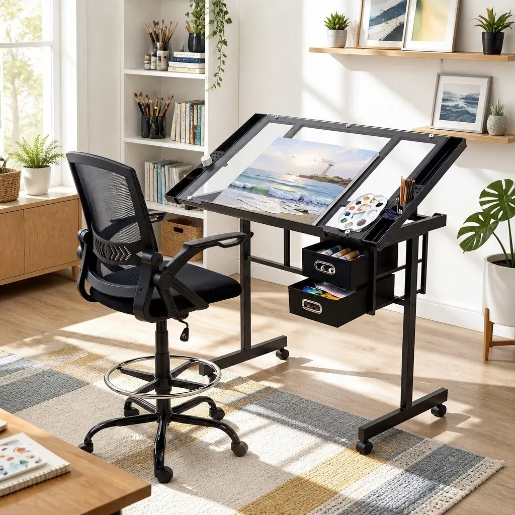 Drawing Table with Ergonomic Office Chair, Drafting Desk Tempered Glass Desktop