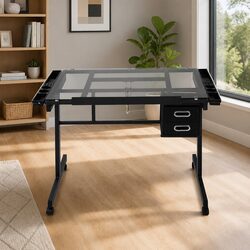 Drawing Desk Drafting Table Adjustable Tempered Glass Top with Storage Trays