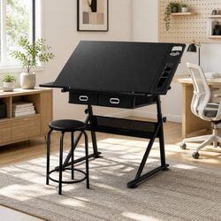 Drawing Desk Stool Set Adjustable Drafting Table Tilt Height Angle Black Studio