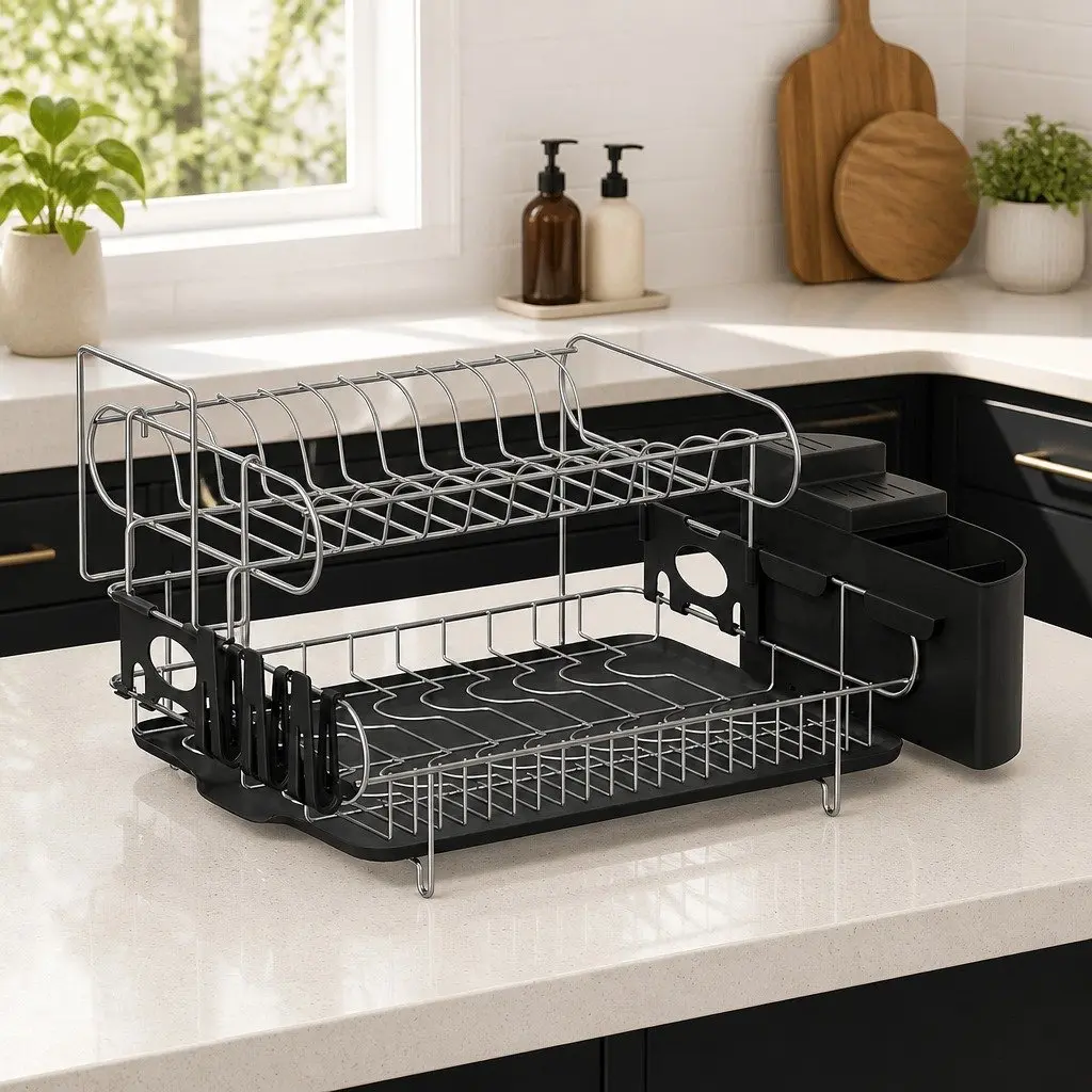 2-Tier Dish Drying Rack with Removable Cutlery Tray and Cup Holder Black Kitchen Organiser