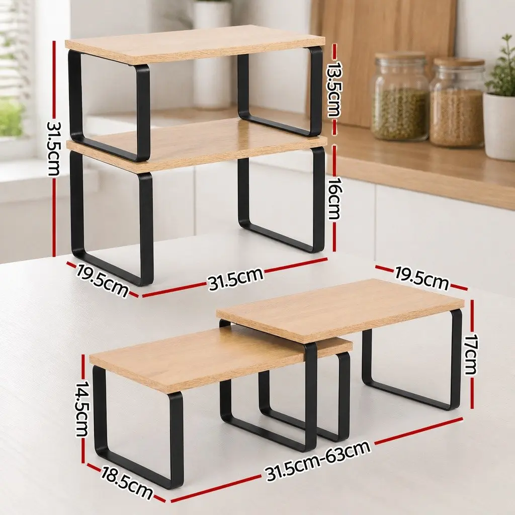 Kitchen Storage Shelves Rack Organiser Set of 2 Pine Wood Metal Cabinet