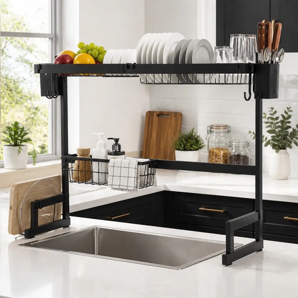 Dish Drying Rack 2 Tier Over Sink Black Kitchen Organiser Storage Drainer