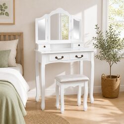 Stylish Bedroom Vanity Stool and Mirror Set in White