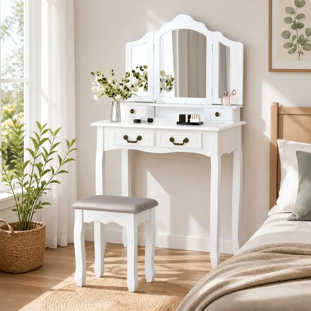 Dressing Table Set White Foldable Mirror with Storage Drawers