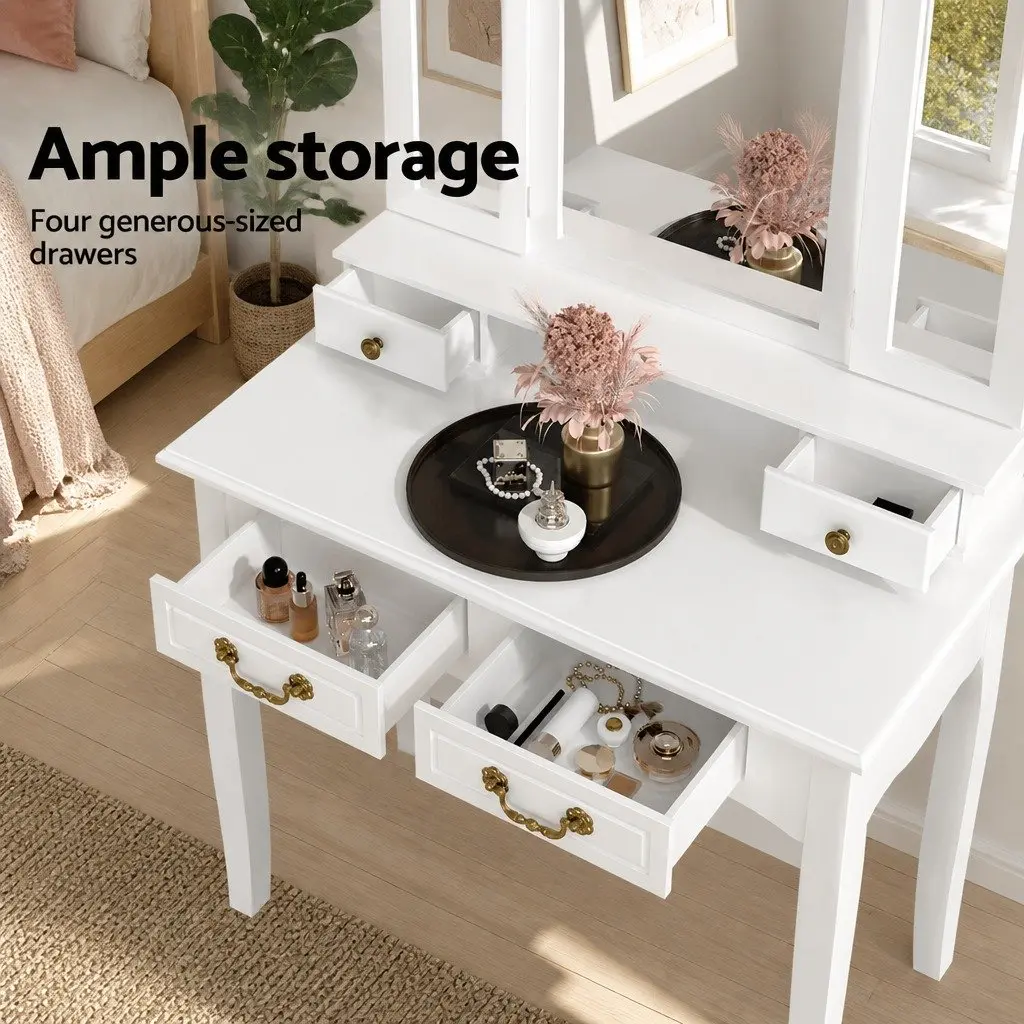Dressing Table Set White Foldable Mirror with Storage Drawers