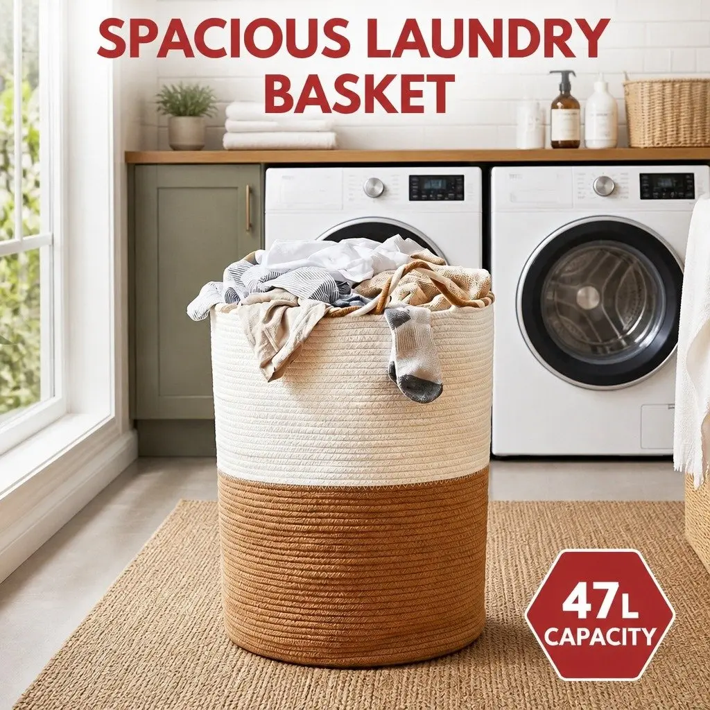Woven Laundry Basket 47L Foldable Cotton Rope Storage Hamper with Handles
