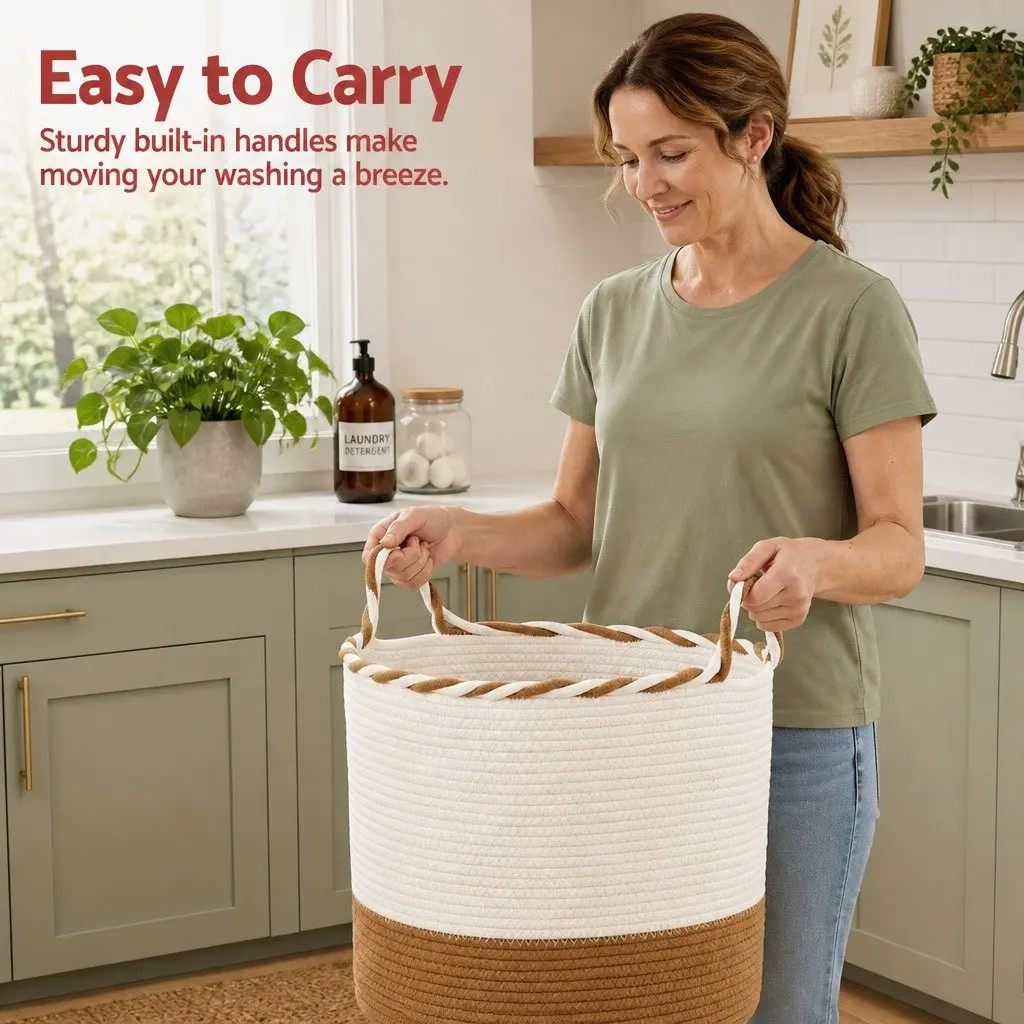 Woven Laundry Basket 47L Foldable Cotton Rope Storage Hamper with Handles