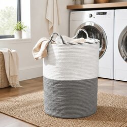 Woven Laundry Basket with Handles Foldable Cotton Rope Storage Hamper 47L
