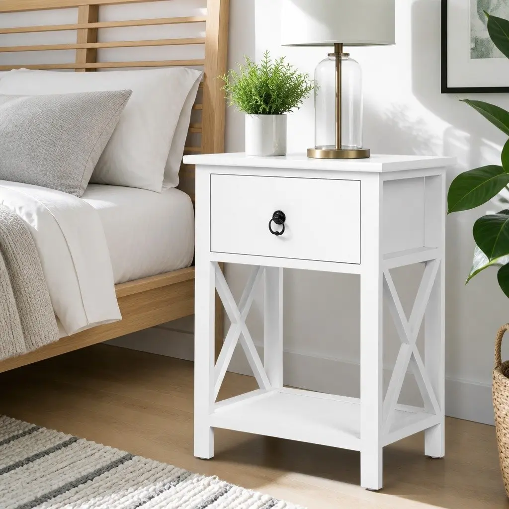 Bedside Table 1 Drawer with Shelf White Rustic Storage Nightstand