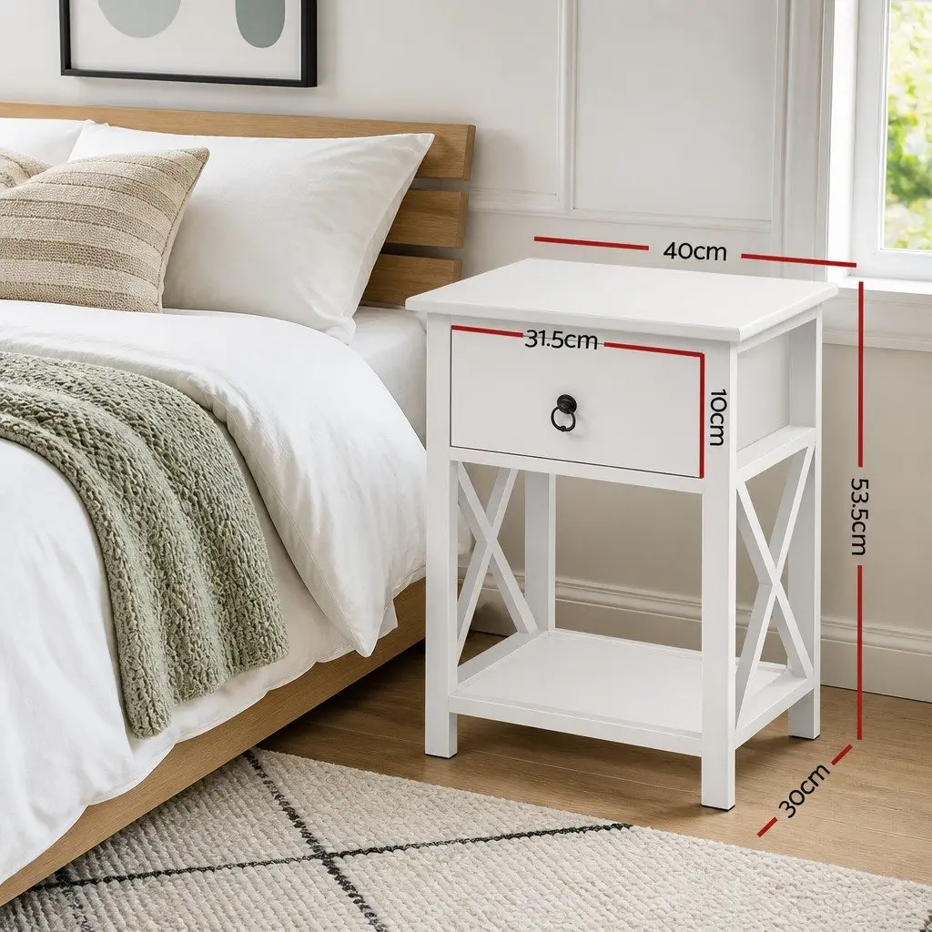 Bedside Table 1 Drawer with Shelf White Rustic Storage Nightstand