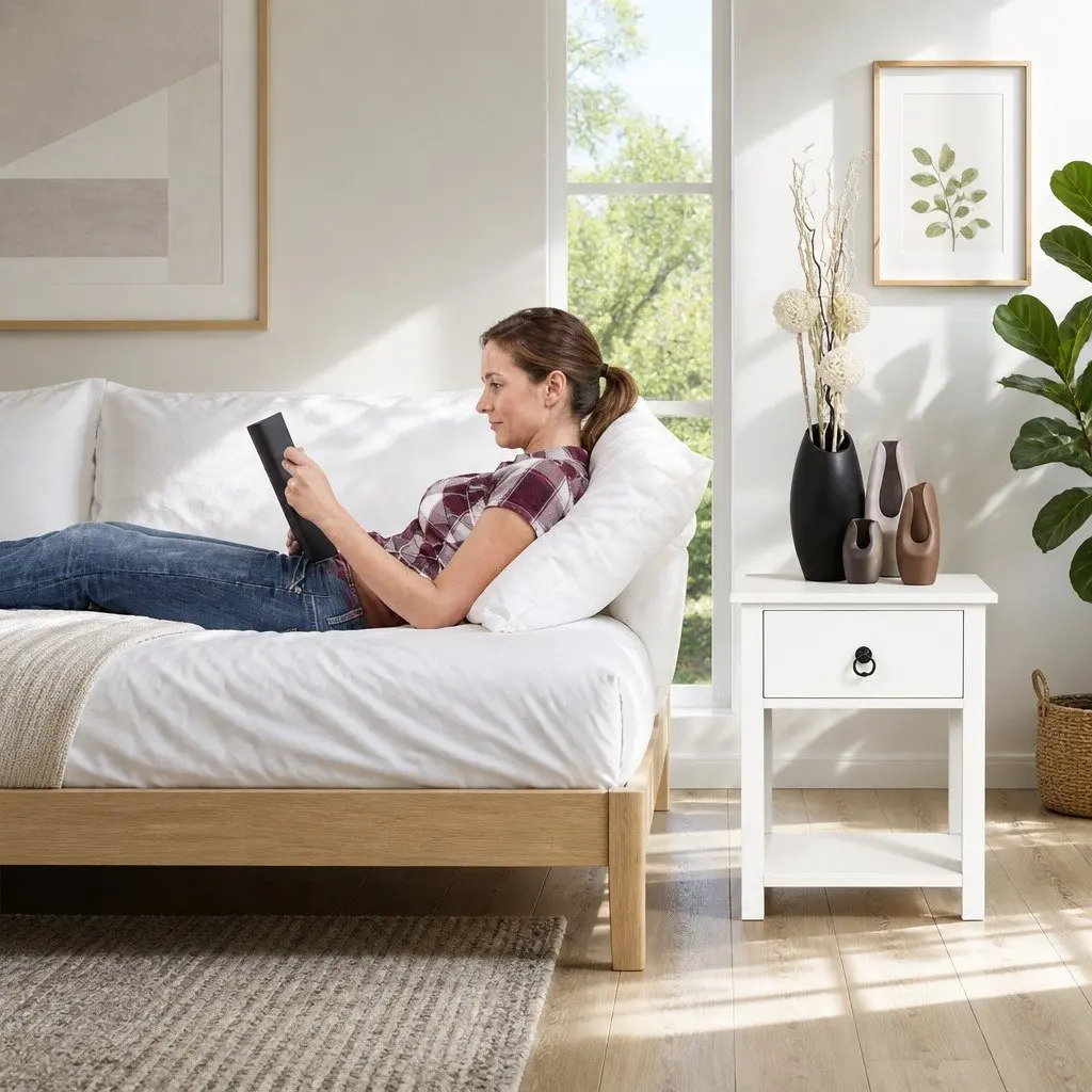 Bedside Table 1 Drawer with Shelf White Rustic Storage Nightstand