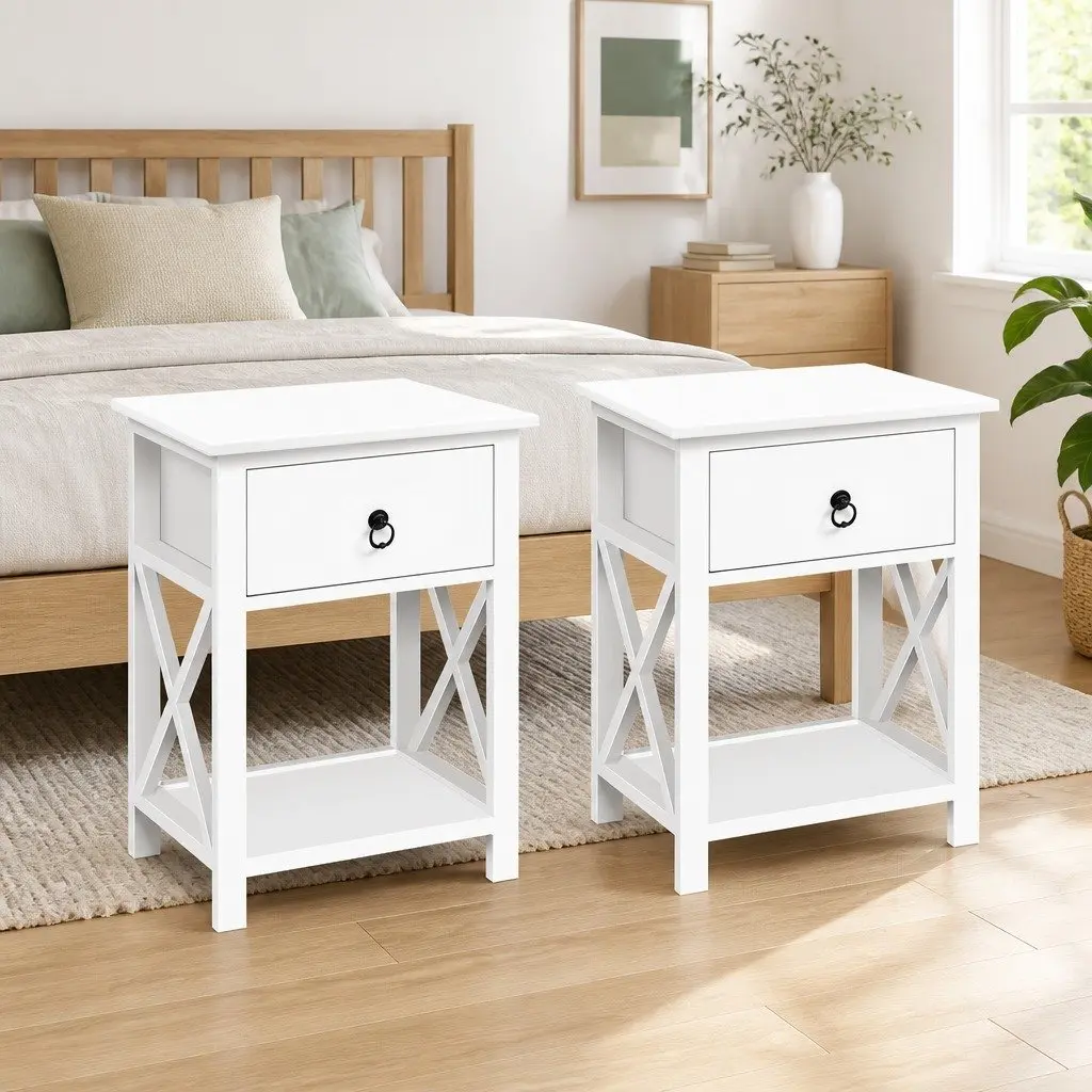 Bedside Table 1 Drawer with Shelf White Rustic Storage Nightstand