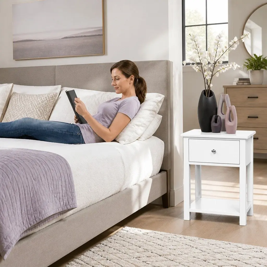 Bedside Table with Drawer and Shelf White Storage Nightstand Bedroom Furniture