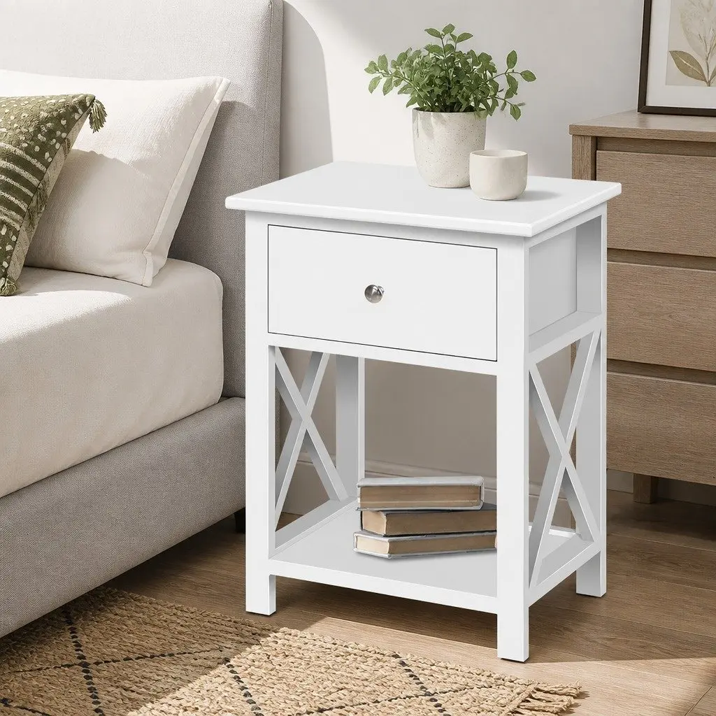 Bedside Table with Drawer and Shelf White Storage Nightstand Bedroom Furniture