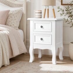 Bedside Table 2 Drawers White Curved Legs French Provincial Bedroom Storage